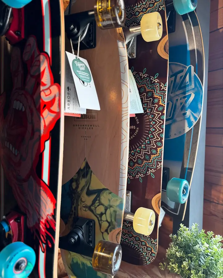 Skateboards and cruisers for sale on the shop wall, including Santa Cruz and Arbor decks on Paris trucks with colourful wheels.